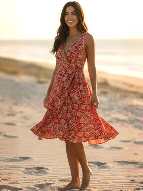 Soprano Dress Size S Red Floral Wrap Knee Length Romantic Summer Dress